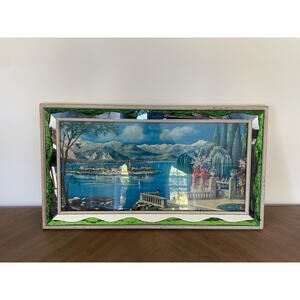 Mid Century Modern Italy Lake Como Scene Lithograph — mirrored green frame